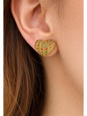 Nina Ricci Gold Tone Heart Clip On Earrings Red Green Rhinestones 1"